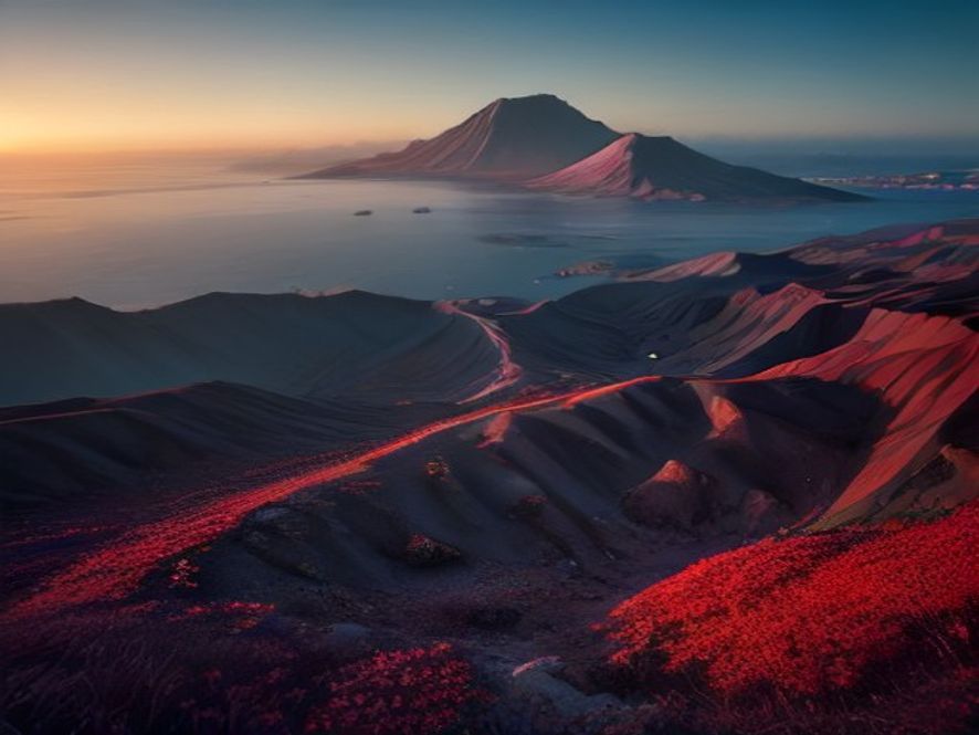 A cinematic and photorealistic 8k image showing a stunning, serene landscape of Jeju Island in the background, contrasted with a digital layer of red warning icons and shattered glass fragments representing the fight against malicious fake news, symbolizing the struggle to protect the tourism industrys reputation.