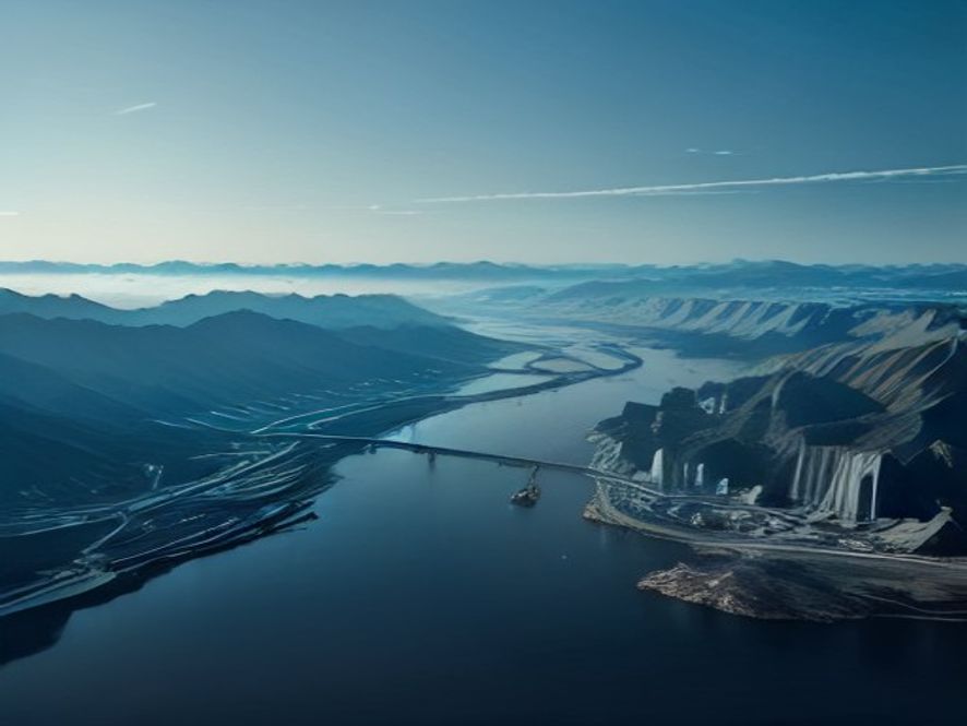 A cinematic, photorealistic 8k image showing a futuristic South Korean landscape where hightech semiconductor industrial complexes are powered by a massive, sustainable energy grid and clean water infrastructure, symbolizing national strategic investment and future economic growth, dramatic lighting, high detail.
