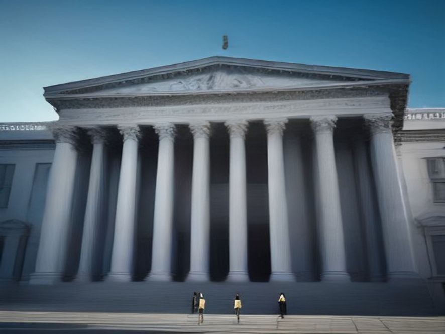 A cinematic and photorealistic 8k image featuring five professional legal experts standing with a sense of solemn responsibility in front of a majestic, symbolic courthouse backdrop, capturing an atmosphere of justice, transparency, and the restoration of democratic integrity.