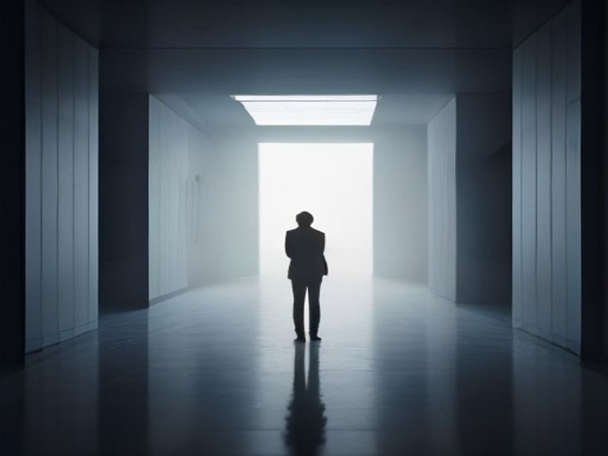 A cinematic and photorealistic 8k image showing a silhouette of a leader standing alone in a dimly lit, vast government office filled with scattered, discarded tax documents, capturing a somber mood of political uncertainty and leadership crisis.