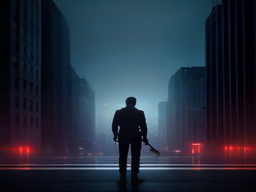 A cinematic and photorealistic 8k image of a highranking police officer standing in the silhouette of a dimly lit, modern police headquarters at night, reflecting a sense of gravity and structural change, with subtle blue and red city lights blurring in the background, sharp focus, professional atmosphere.
