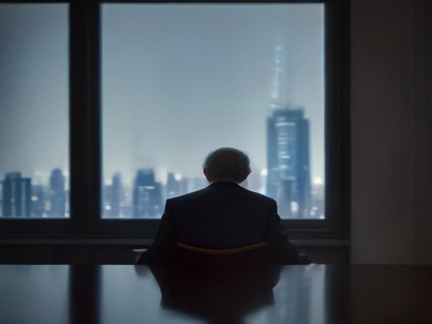 Cinematic, photorealistic 8k portrait of an aging, contemplative former highranking financial official sitting alone in a dimly lit, sophisticated study, looking out a window at a blurred cityscape of skyscrapers, symbolizing the heavy burden of past policy failures and reflective wisdom.