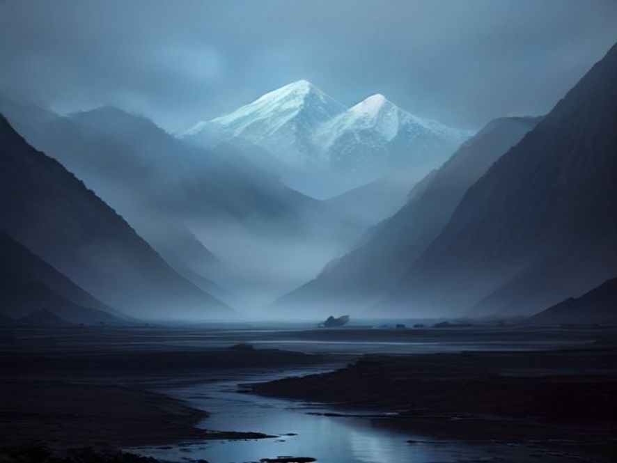 Cinematic and photorealistic 8k image of the devastating aftermath of a catastrophic flood in a remote Himalayan village, featuring destroyed houses and muddy debris against a backdrop of towering, misty mountains, capturing the somber atmosphere of a climate crisis, dramatic lighting, high detail.