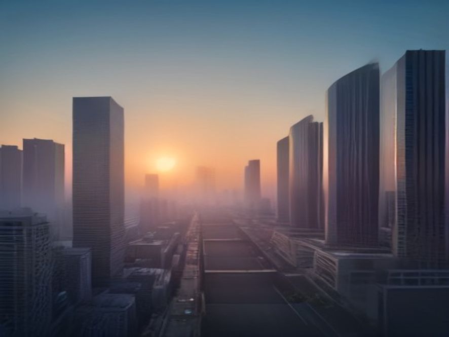 A cinematic and photorealistic 8k wideangle shot of a futuristic administrative district in Sejong City at sunset, featuring sleek modern government buildings and organized urban infrastructure, symbolizing national balanced development and efficient governance, dramatic lighting, highly detailed.