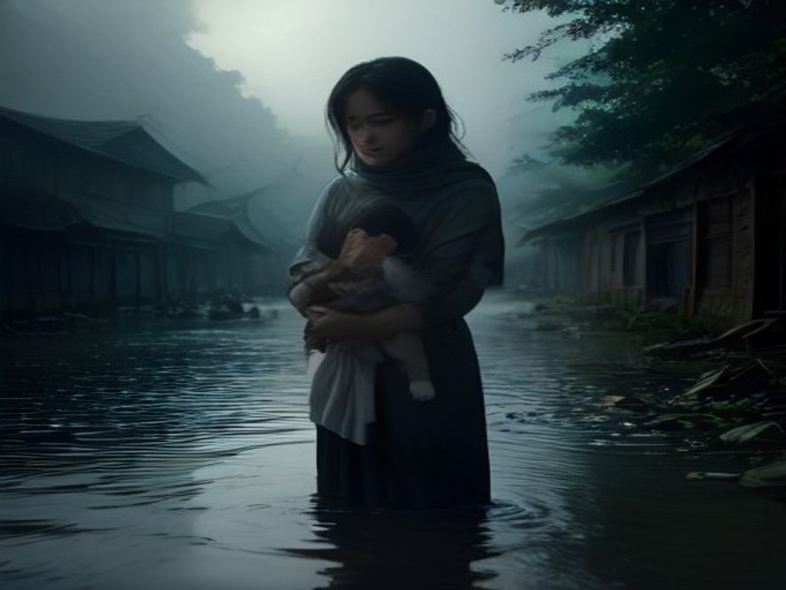 A cinematic and photorealistic 8k image showing a resilient Nepali woman holding a young child amidst the debris of a flooded village after a catastrophic disaster, capturing a somber and poignant atmosphere of hardship, with muted tones and dramatic natural lighting reflecting the structural inequality of the climate crisis.