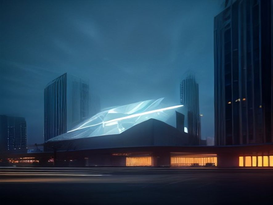 A cinematic, photorealistic 8k image featuring a massive, modern architectural structure being reshaped by glowing geometric light lines, symbolizing organizational restructuring and efficiency, set against a backdrop of a clean, minimalist urban landscape under a crisp morning sky to evoke a sense of professional transformation.
