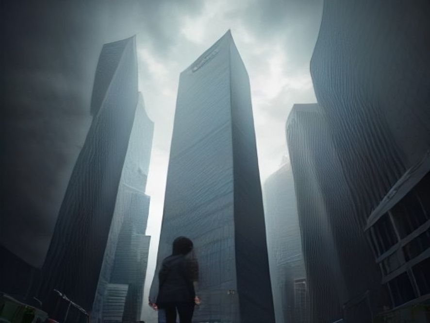A cinematic, photorealistic 8k image featuring a tense protest scene in the Yeouido financial district, where silhouette figures of bank employees stand before modern skyscraper office buildings under a dramatic, cloudy sky, symbolizing the conflict between national financial competitiveness and regional development.