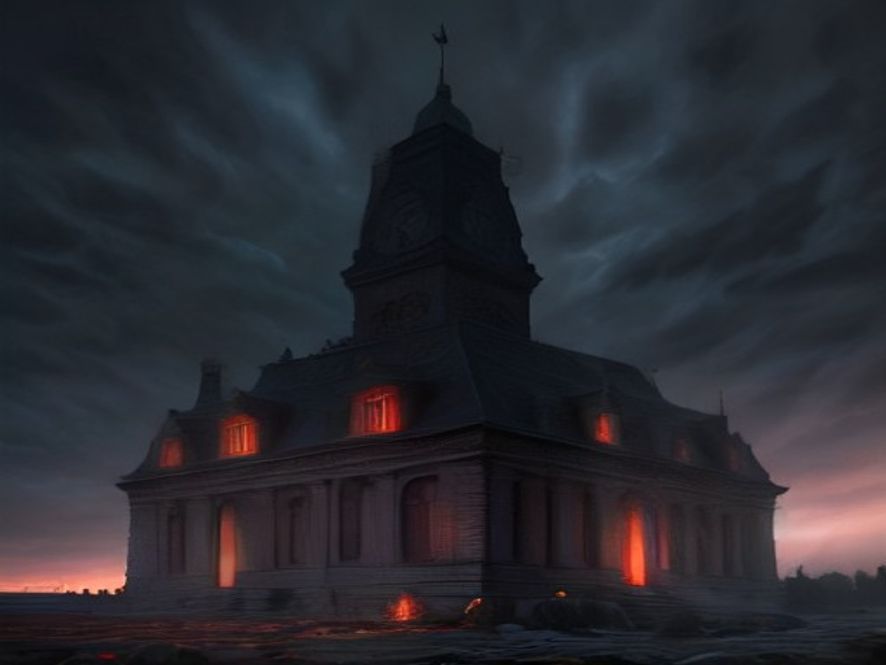 A cinematic and highcontrast photograph of a weathered stone government building standing under a dim, stormy sky with a sharp red warning light glowing faintly in the distance, capturing an atmosphere of political tension and public disillusionment, 8k resolution, photorealistic, dramatic shadows and cold color palette.