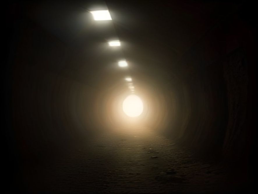 A cinematic and photorealistic 8k image showing a dimly lit, narrow underground tunnel with a small pocket of light filtering through dust and debris, emphasizing a miraculous survival atmosphere with a sense of hope and rescue, deep shadows contrasted by a faint ray of light.