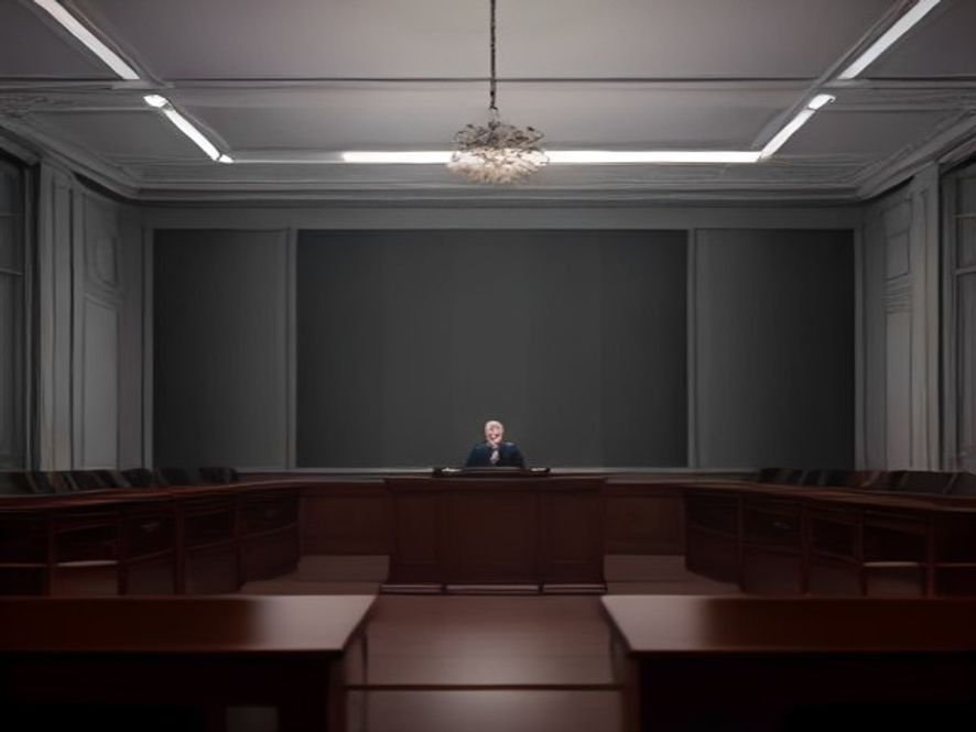A cinematic, photorealistic 8k image of a highstakes political hearing room where a silhouette of a government official stands under a spotlight, juxtaposed with a stack of legal documents and property transaction papers on a desk to symbolize the controversy of illicit wealth transfers, dramatic lighting, serious atmosphere.