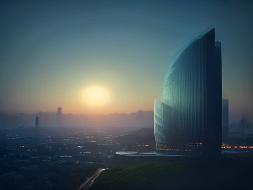 A cinematic and photorealistic 8k image featuring a futuristic, modern glass headquarters building illuminated by glowing energy networks, symbolizing the unification of massive power plants into a single, efficient entity, set against a backdrop of a rising sun over a clean, sustainable power grid landscape.