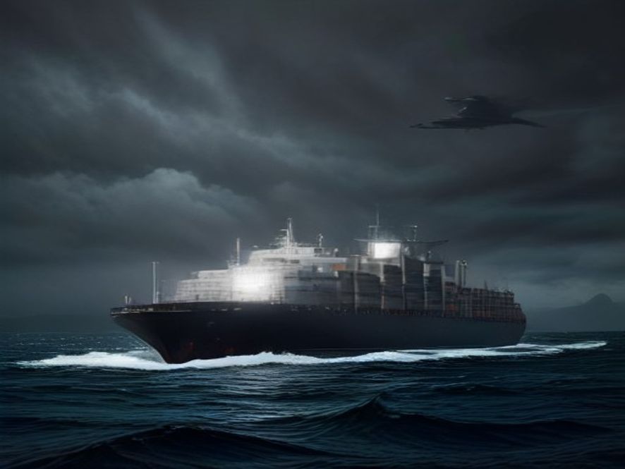 A cinematic and photorealistic 8k image of a massive cargo ship navigating through the narrow and turbulent waters of the Bab elMandeb Strait at dusk, with ominous dark clouds looming overhead, silhouettes of military drones circling in the distance, and the vast, tense atmosphere of global maritime logistics, highly detailed.