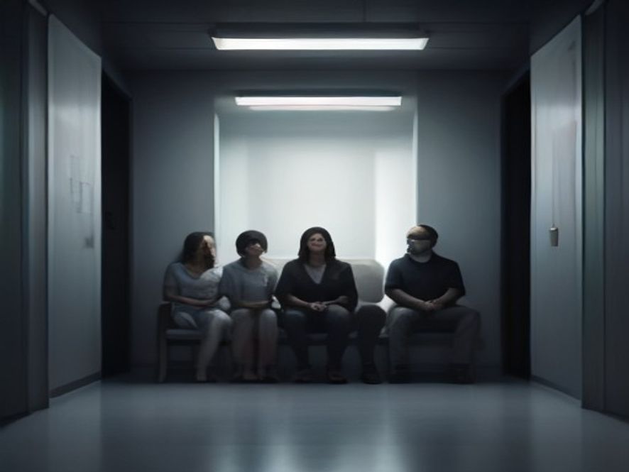 A cinematic and photorealistic 8k portrait of an anxious, weary family sitting in a dimly lit, cold medical hallway, symbolizing the isolation and struggle within a fractured healthcare system, with a somber and emotional atmosphere.
