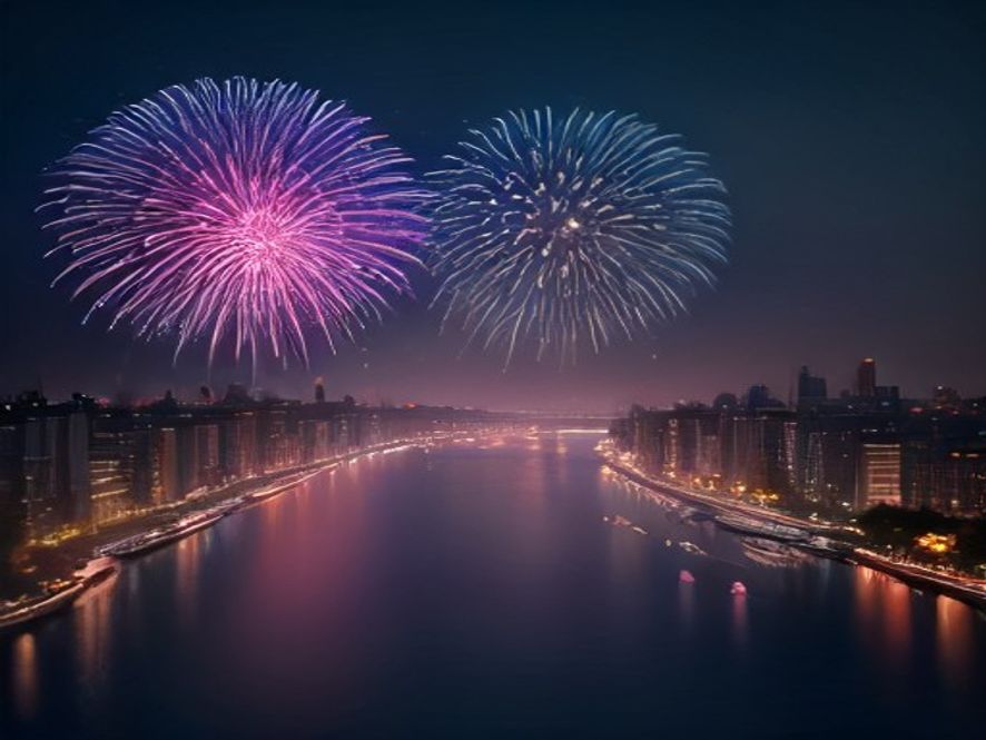 A cinematic, photorealistic 8k wideangle shot of the vibrant Seoul night sky illuminated by spectacular fireworks over the Han River, contrasted with a dense, orderly crowd of people navigating illuminated city streets under tight safety guidance, capturing a bustling yet controlled atmosphere, sharp focus, professional lighting.