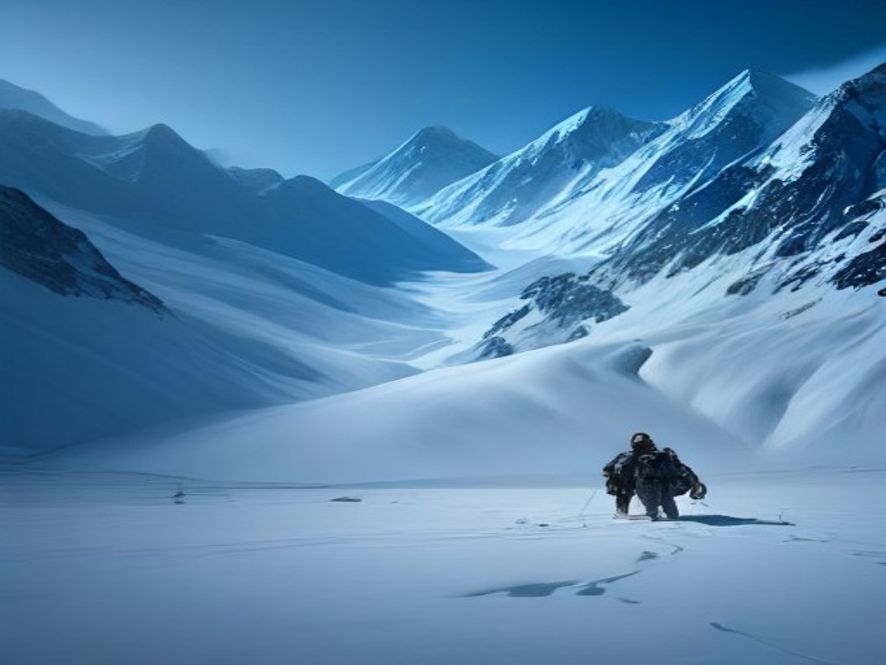 Cinematic and photorealistic 8k wide shot of a multinational rescue team navigating the rugged, snowcovered terrain of the Himalayas with advanced search gear, capturing a poignant balance of tragedy and hope amidst the remnants of a destroyed power plant, dramatic lighting, high detail.