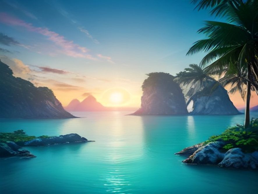 Cinematic, photorealistic 8k image of a breathtaking futuristic island sanctuary blending lush pristine nature with advanced sustainable ecotechnology, surrounded by a calm, crystalclear turquoise ocean under a vibrant sunset, representing the harmony between humanity and marine ecosystem, wideangle vista.