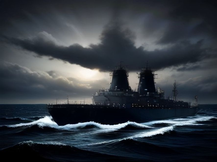 A cinematic, photorealistic 8k image of massive oil tankers navigating the turbulent waters of the Strait of Hormuz at dusk, under a dramatic dark sky with distant silhouettes of military naval ships, capturing a tense and ominous geopolitical atmosphere, highly detailed, professional photography.