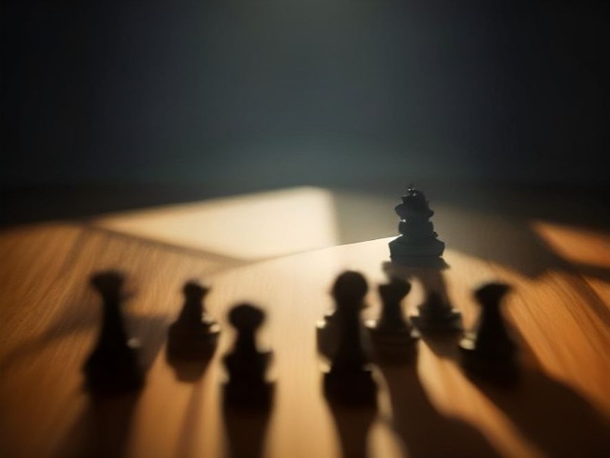 A cinematic, photorealistic 8k image of a shadowy, complex chess board placed on a heavy wooden desk, where a spotlight illuminates a singular, transparent glass pawn amidst scattered, blurred documents and abstract silhouettes, symbolizing the critical need for transparency and systemic reform in leadership selection.