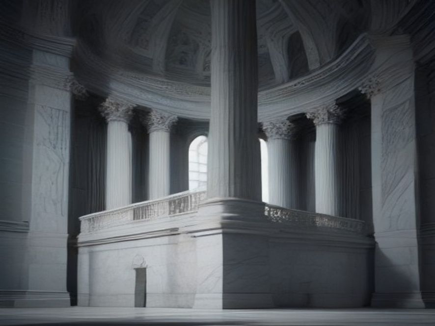 A cinematic, photorealistic 8k image of a colossal, weathered marble scale of justice placed between a shadowy, imposing government building and an isolated, pristine courtroom, symbolizing the tense power struggle between political influence and judicial independence, dramatic lighting, high contrast.