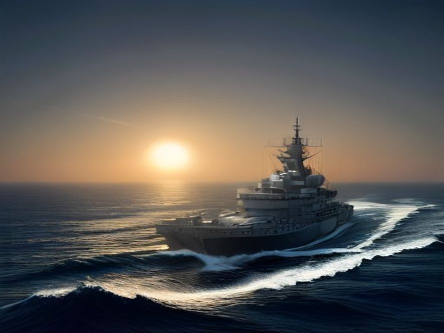 Cinematic, photorealistic 8k image of a colossal naval vessel navigating the turbulent, misty waters of the Strait of Hormuz at sunset, with a subtle overlay of a digital global map in the background symbolizing shifting international military alliances and strategic tension.