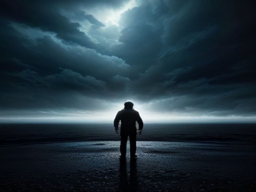 A cinematic and photorealistic 8k image showing a lonely, conceptual figure of a disillusioned young person standing amidst a turbulent, stormy political landscape with abstract broken gears and scattered ballots, symbolizing shifting youth sentiment and national political crisis, dramatic lighting, high contrast.