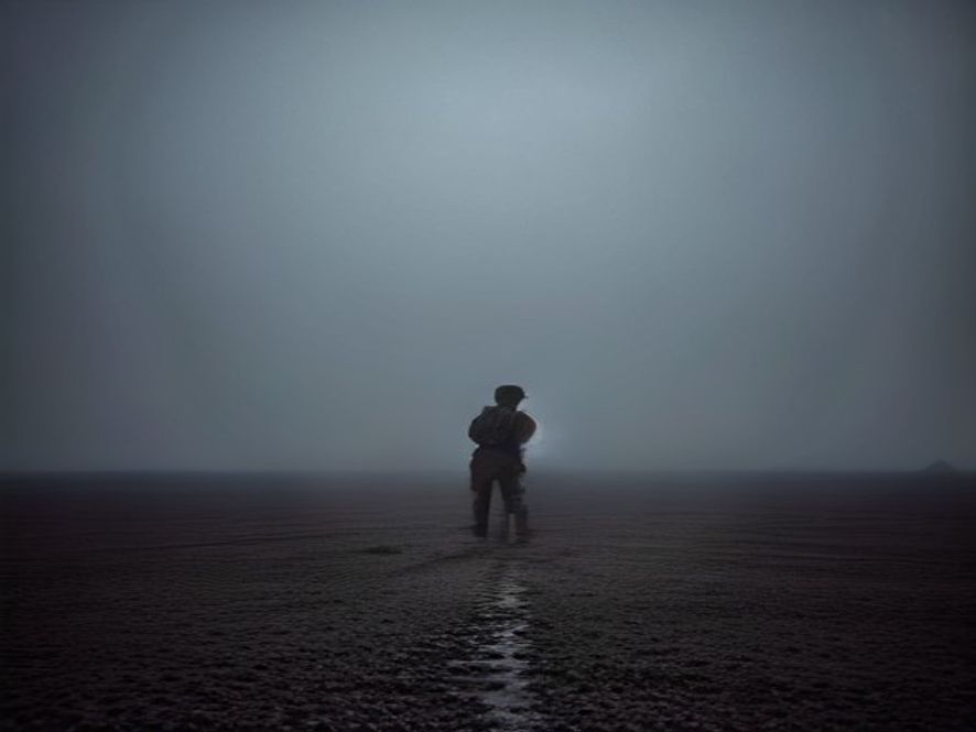 A cinematic, photorealistic 8k image featuring a lone, imposing silhouette of a modern South Korean soldier standing at a crossroads in a desolate, foggy landscape, with subtle shadows of geopolitical maps and distant flags cast on the ground, representing strategic autonomy and complex diplomacy under a heavy, contemplative atmosphere.