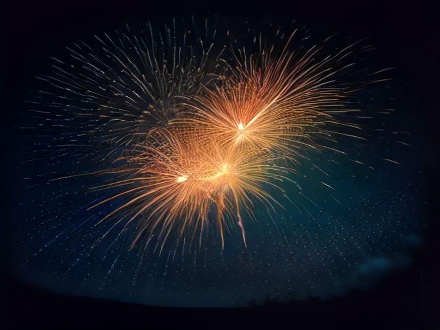 A cinematic, photorealistic 8k image capturing a flock of birds flying in panic against a backdrop of brilliant, overwhelming fireworks exploding in the dark night sky, symbolizing the contrast between festive celebration and ecological distress, dramatic lighting, sharp focus.