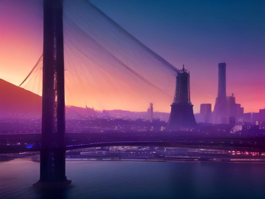 A cinematic, photorealistic 8k wide shot capturing a futuristic bridge connecting the iconic Eiffel Tower of Paris and a modern, neonlit Seoul cityscape at sunset, symbolizing a grand cultural and technological partnership between South Korea and France.