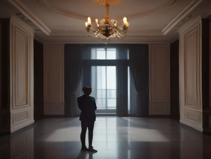 A cinematic and photorealistic 8k image showing a silhouette of a highranking government official standing in front of a luxurious, opulent modern residence, contrasting sharply with a blurred, dimly lit background representing the economic struggle and public discontent of ordinary citizens, dramatic lighting, sharp focus, conceptual art style.