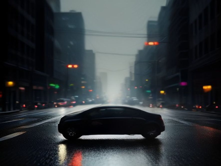 A cinematic, photorealistic 8k image capturing the somber aftermath of a latenight traffic accident on a rainslicked city street, featuring the blurred silhouette of a damaged motorcycle near a crosswalk, highlighting a dark and reflective atmosphere that emphasizes road safety and the consequences of drunk driving.