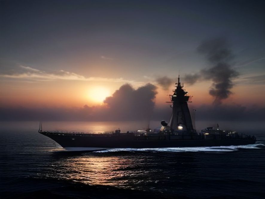 A cinematic and photorealistic 8k image of a conceptual geopolitical crossroads, featuring a massive naval warship silhouetted against a dramatic, moody sunset over the Hormuz Strait, symbolizing the tension between energy security and diplomatic dilemma, with subtle reflections of oil barrels and international flags on the water, high contrast, professional photography style.