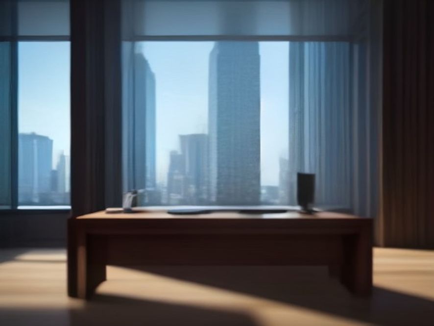A cinematic, photorealistic 8k image of a highstakes legal document resting on a sleek mahogany desk, with a blurred silhouette of a modern corporate skyscraper visible through a floortoceiling window in the background, symbolizing the immense economic impact and shifting power of a multitrillion won divorce settlement.