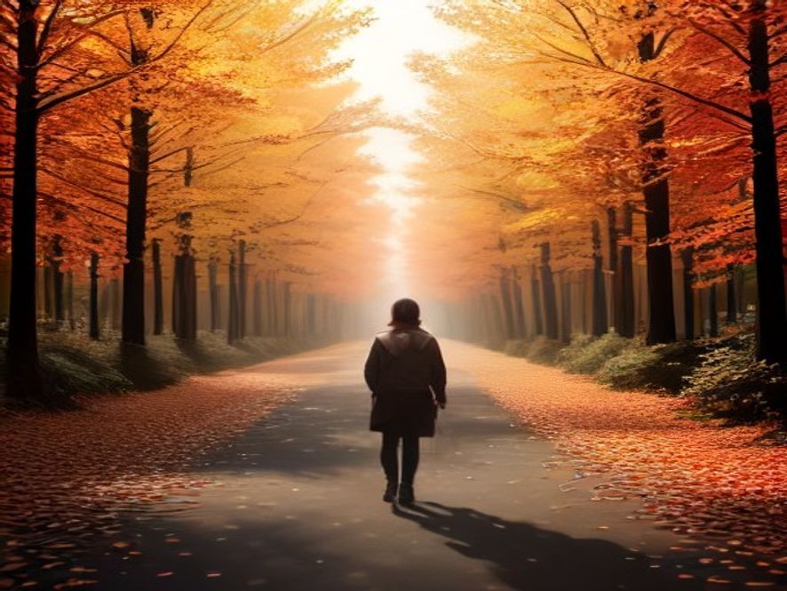 Cinematic and photorealistic 8k image of a person walking through a park during the transition from summer to autumn, featuring vibrant fallen leaves and a crisp atmosphere, with the person wearing a stylish light jacket to symbolize the sudden drop to 11 degrees, capturing a serene and healthy seasonal shift.