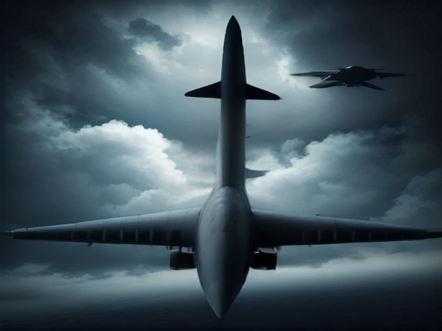 A cinematic, photorealistic 8k image of a commercial passenger airplane flying through a stormy, dark sky with a menacing, hightech military surveillance drone hovering ominously nearby, symbolizing the blurred lines between modern warfare and civilian air travel, dramatic lighting, intense atmosphere.