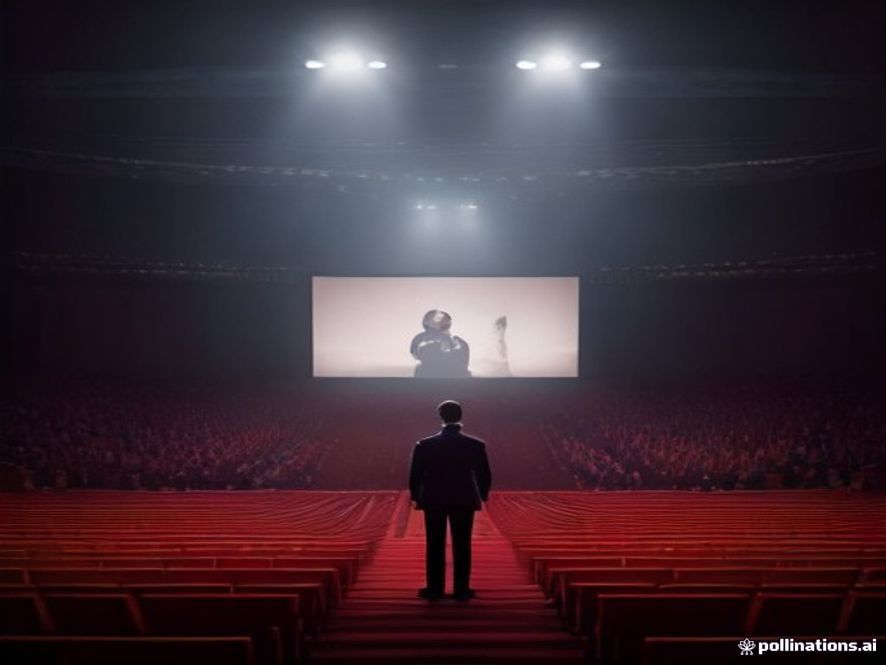 A cinematic, photorealistic 8k image of Donald Trump standing confidently on a massive, grand political stage, with subtle gaps of empty, dimly lit seats visible in the background, capturing a tense atmosphere of contrast between a powerful political narrative and the reality of a thinning crowd, dramatic lighting, high detail.