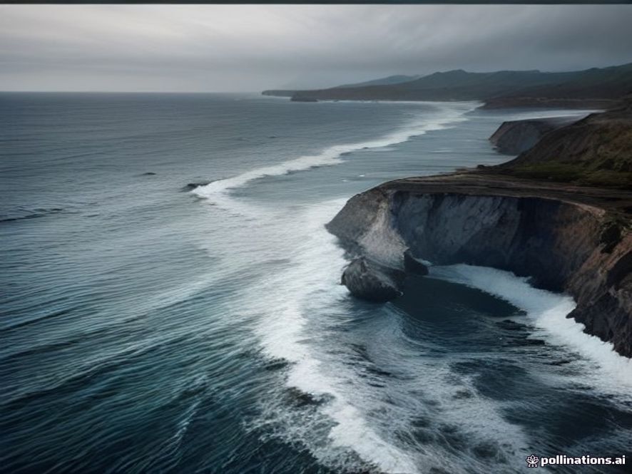A cinematic and photorealistic 8k image showing a solitary, vast coastline under a somber, overcast sky, where the surging tide meets a rugged beach, evoking a sense of solemnity, caution, and the hidden power of the ocean.