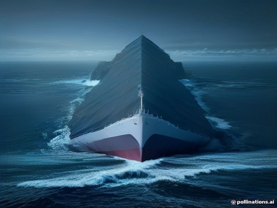 A cinematic and photorealistic 8k image of a massive modern container ship cutting through the melting icy waters of the Arctic Ocean under a dramatic sky, symbolizing a new era of global logistics and maritime strategy, wideangle landscape shot.
