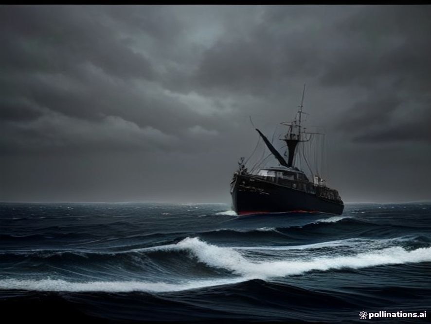 Cinematic, photorealistic 8k image of a desolate, stormy sea at twilight with a lone, weathered rescue vessel silhouetted against a moody gray horizon, capturing a somber and reflective atmosphere of search and maritime tragedy.