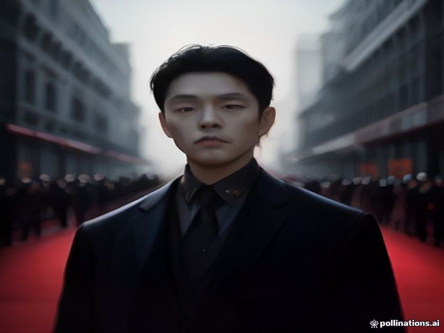 A cinematic and photorealistic 8k portrait of acclaimed director Lee Changdong standing thoughtfully on the grand Venice Film Festival red carpet at twilight, reflecting the deep, melancholic essence of human isolation and the profound quest for connection in modern society, moody lighting, artistic atmosphere.