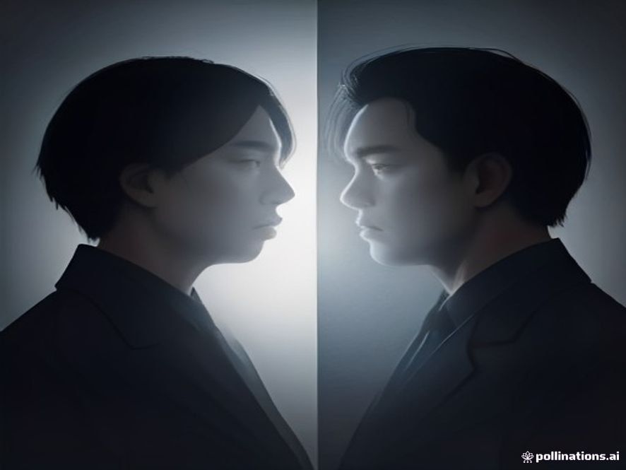 A cinematic and photorealistic 8k portrait of two opposing silhouettes of highprofile Korean politicians facing each other in a dimly lit, cold atmosphere with sharp shadows, symbolizing political tension and a fracturing alliance, captured with dramatic lighting and highcontrast composition.