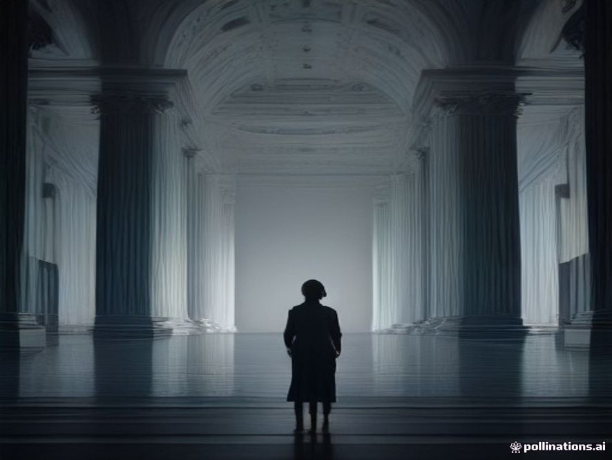 A cinematic and photorealistic 8k portrait of a determined female politician standing alone in a vast, dimly lit, and imposing modern legislative building, symbolizing the tension between personal conviction and the overwhelming pressure of political alignment, with a dramatic mood and sharp focus.