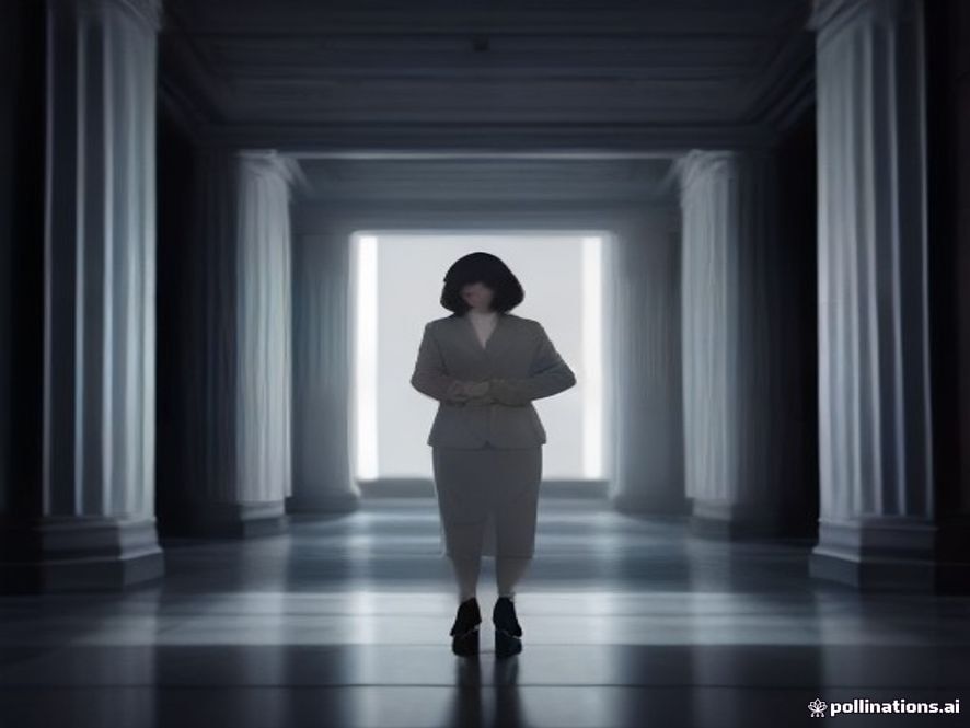A cinematic and photorealistic 8k portrait of a determined female politician standing in the solemn, shadowed halls of the National Assembly, symbolizing political tension and strategic withdrawal, captured with dramatic lighting and professional depth of field.