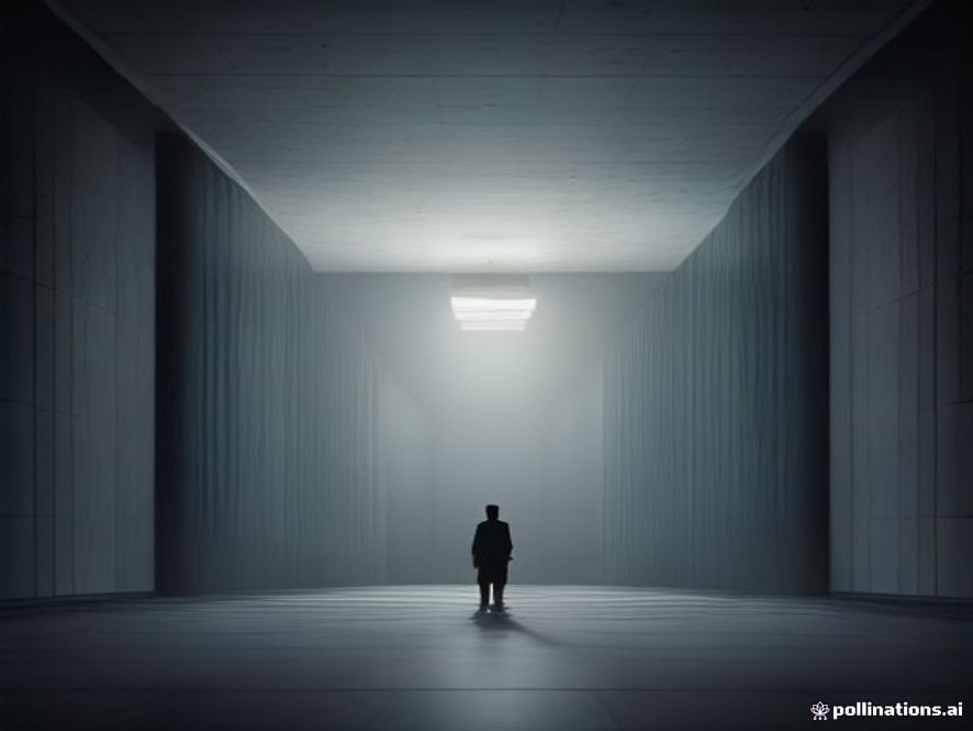 A cinematic and photorealistic 8k image of a lonely, solemn silhouette of a political figure standing before a massive, complex labyrinth made of shifting government documents and national symbols, representing a critical turning point in leadership under intense public scrutiny, with dramatic lighting and a tense atmosphere.
