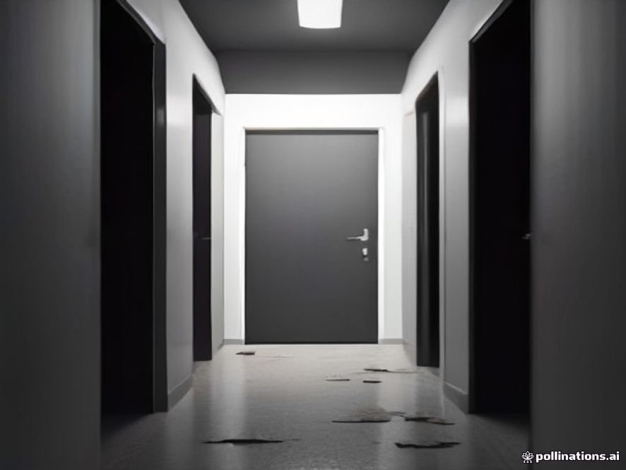 A cinematic and photorealistic 8k image of a weathered, closed apartment door in a dimly lit, somber hallway, with a single pile of forgotten mail gathering dust on the floor, symbolizing social isolation and the heartbreaking silence of an overlooked life.