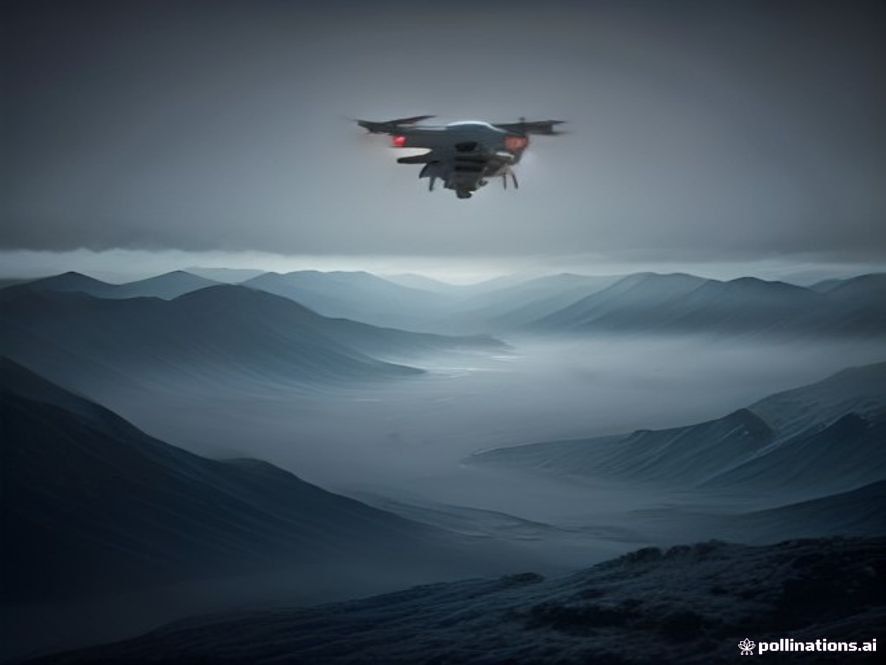 A cinematic, photorealistic 8k image of a hightech surveillance drone hovering over a misty, tensionfilled PolandNATO border at dusk, with the atmosphere reflecting a cold, geopolitical crisis, dramatic lighting, and sharp details of a desolate frontier landscape.