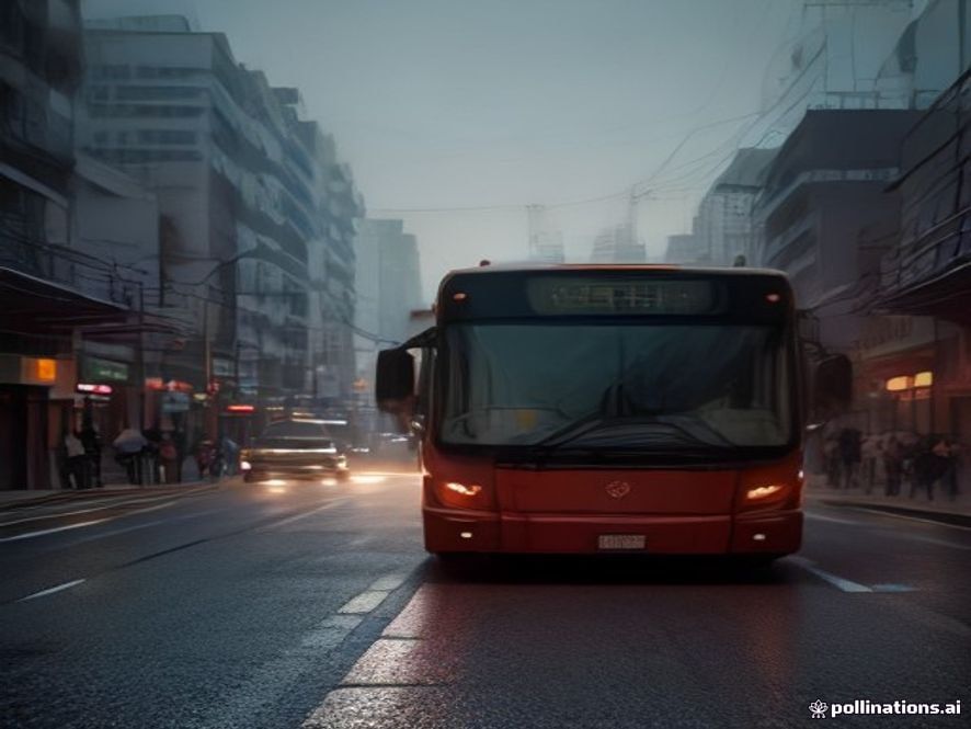A cinematic, photorealistic 8k image of a modern Seoul city bus idling at a rainslicked street corner at dawn, capturing a tense and contemplative atmosphere with urban commuters in the background, symbolizing the unresolved conflict of public transport wage negotiations and the uncertainty of future transit sustainability.