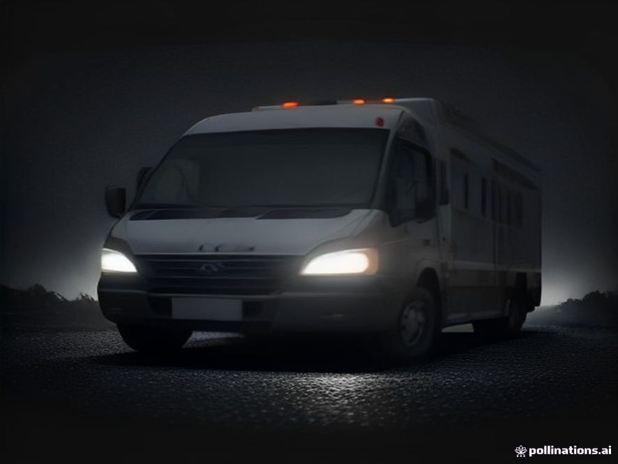 A cinematic and photorealistic 8k image showing a dimly lit, lonely ambulance driving through a dark highway at night, symbolizing the tragedy of medical crisis and the fragility of human life, with a somber and heartwrenching atmosphere.