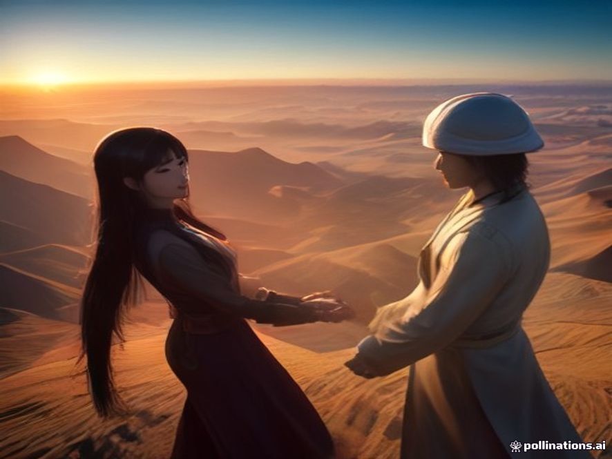 Cinematic, photorealistic 8k image featuring a futuristic handshake between a stylized Korean business executive and a Central Asian partner against a background of a vast, modern landscape merging ancient Silk Road motifs with hightech infrastructure, wind turbines, and solar panels under a golden sunrise, symbolizing a new era of economic partnership and industrial growth.
