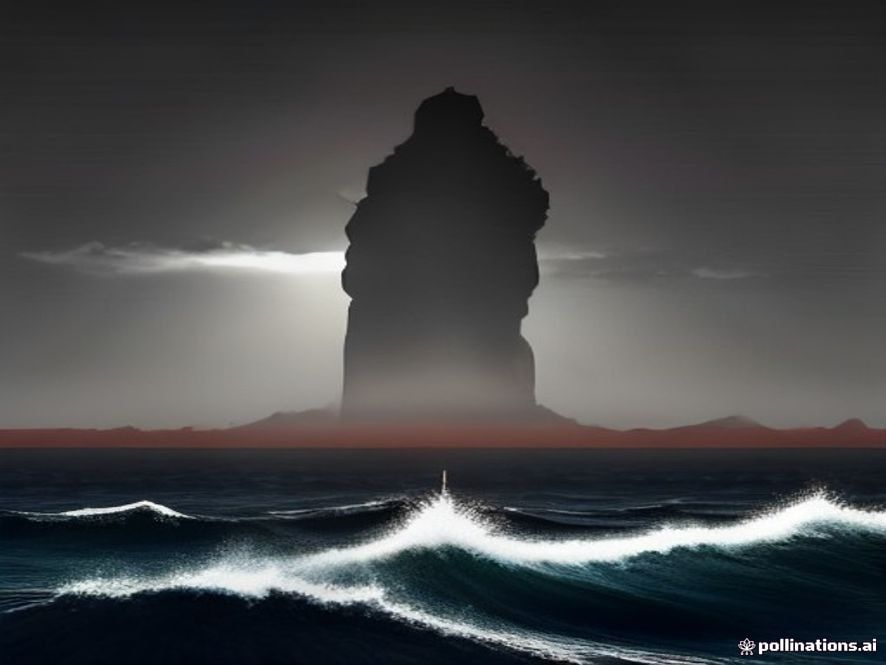 Cinematic, photorealistic 8k image of a colossal silhouette representing China towering over the turbulent Red Sea to calm the waves, with a subtle geopolitical connection to Iran and cargo ships in the distance, dramatic lighting, high tension atmosphere.