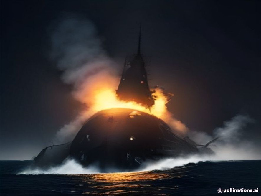Cinematic, photorealistic 8k image of a dark, claustrophobic navy submarine interior engulfed in intense, dramatic flames and thick smoke after a sudden explosion, with the silhouettes of rescue workers struggling in the hazardous, metallic environment, highcontrast lighting, intense atmosphere of danger and urgency.